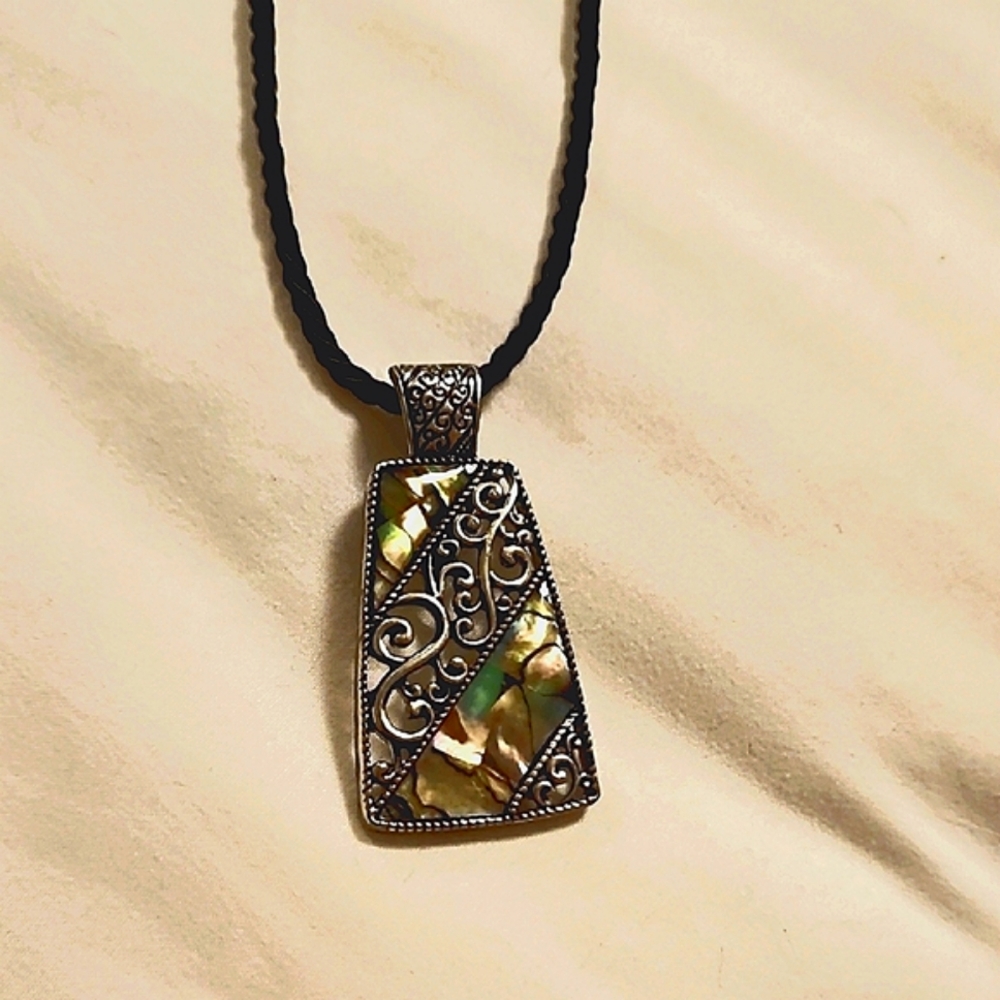 Lia Sophia Abalone Shell Medallion Necklace Silver Black Cord Mother of Pearl